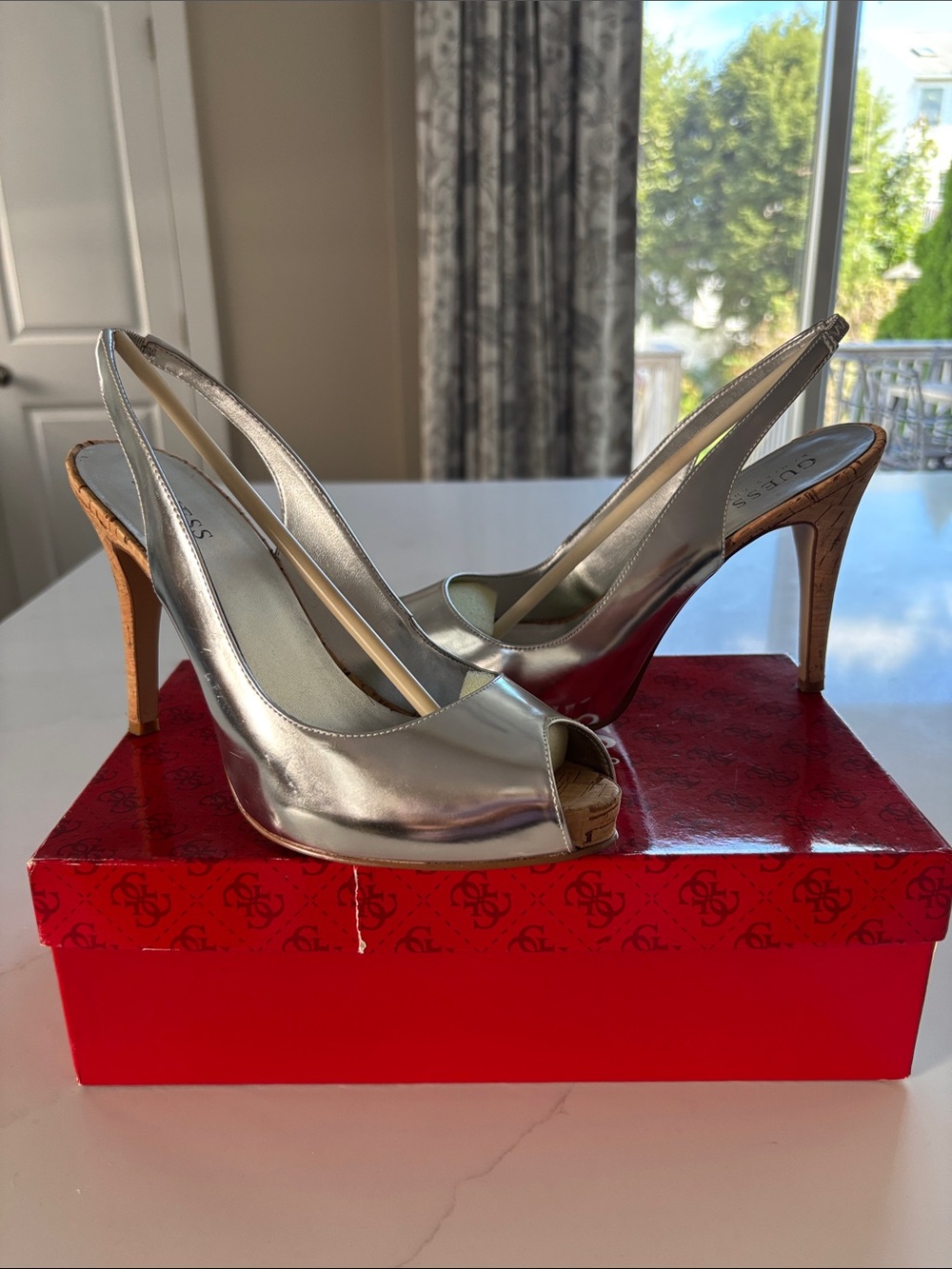 Guess Silver Metallic Slingback Peep-Toe Heels with Cork Heel